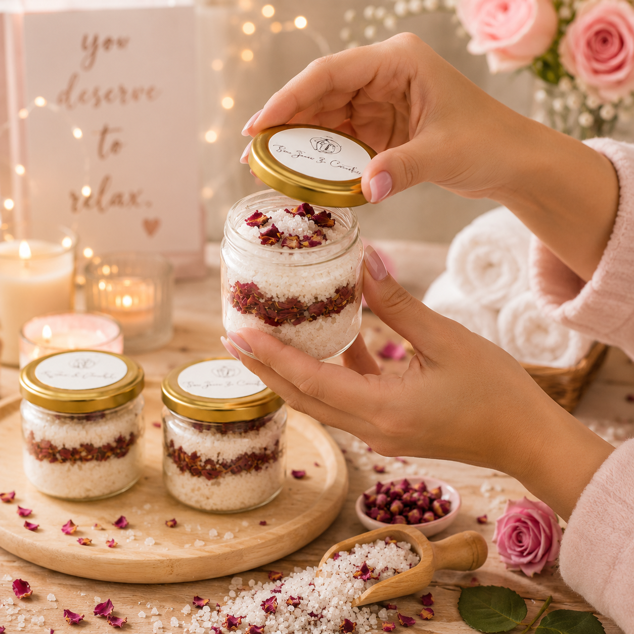 Rose Bath Salts for Relaxation & Self-Care | Soothing Bath & Foot Soak with Dried Rose Petals
